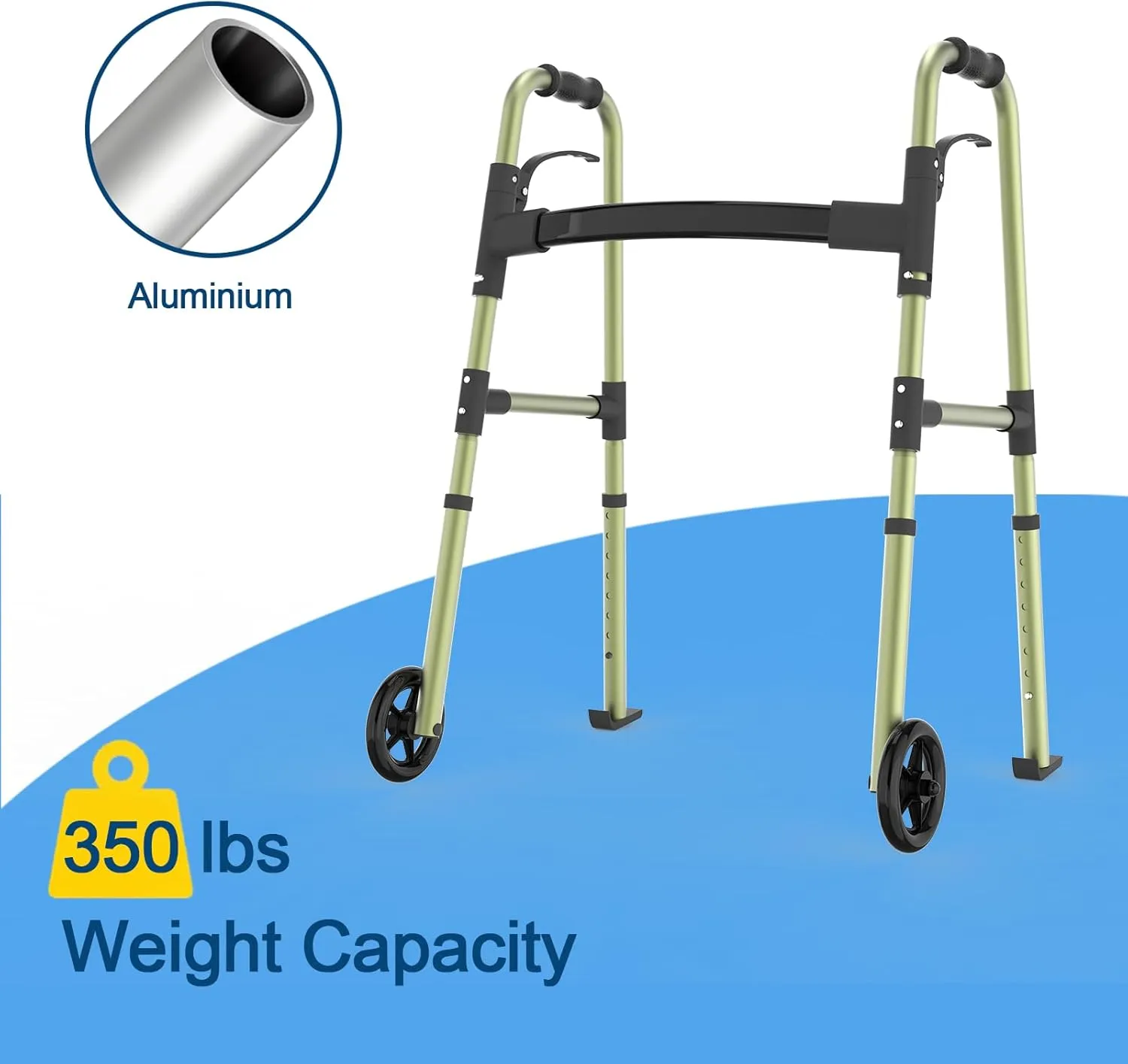 Folding Walkers for Seniors,FSA/HSA Eligible Medical Walker with Storage Bag and Glide Skis 5'' Front Wheel Lightweight Walker Height Adjustable Aluminum Standard Walker for Disabled (Green)