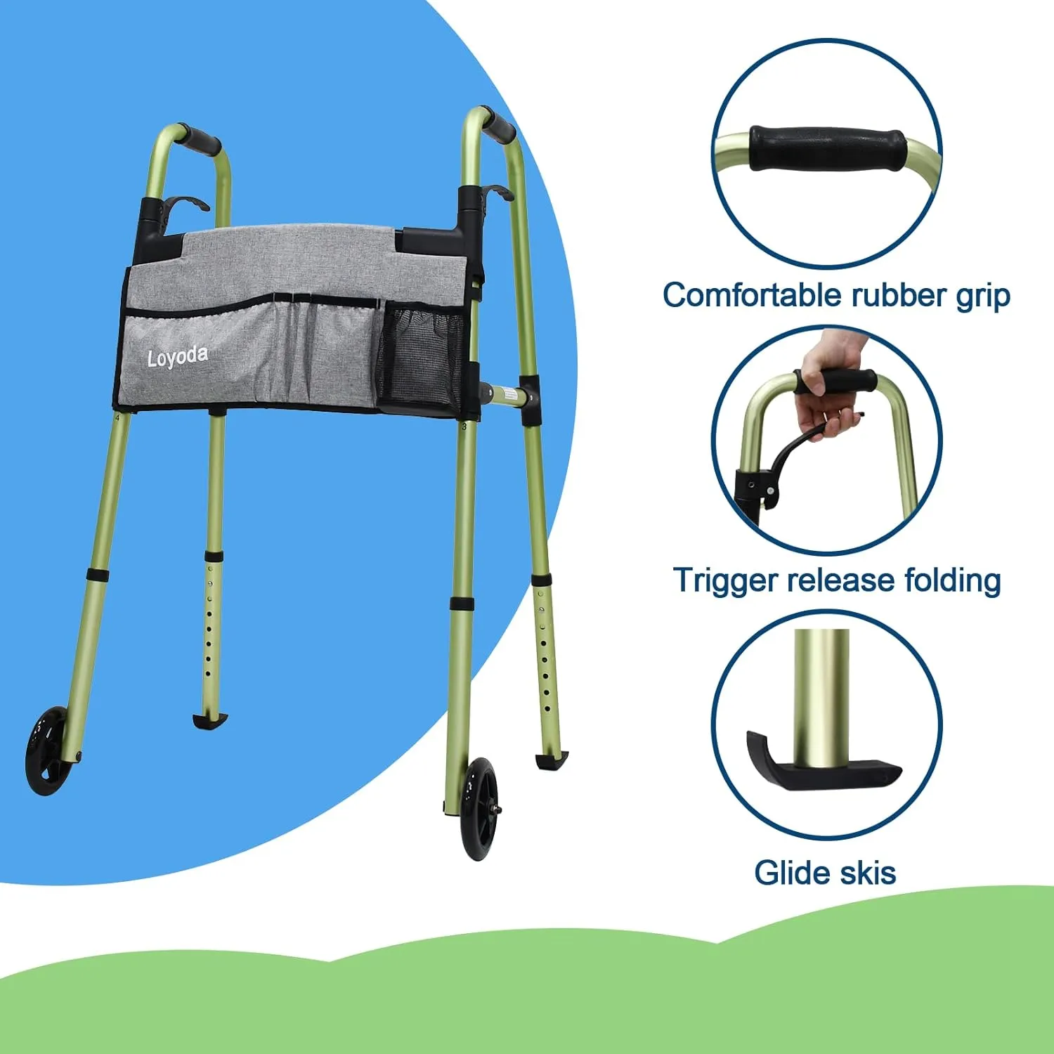 Folding Walkers for Seniors,FSA/HSA Eligible Medical Walker with Storage Bag and Glide Skis 5'' Front Wheel Lightweight Walker Height Adjustable Aluminum Standard Walker for Disabled (Green)