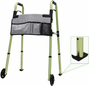Folding Walkers for Seniors,FSA/HSA Eligible Medical Walker with Storage Bag and Glide Skis 5'' Front Wheel Lightweight Walker Height Adjustable Aluminum Standard Walker for Disabled (Green)