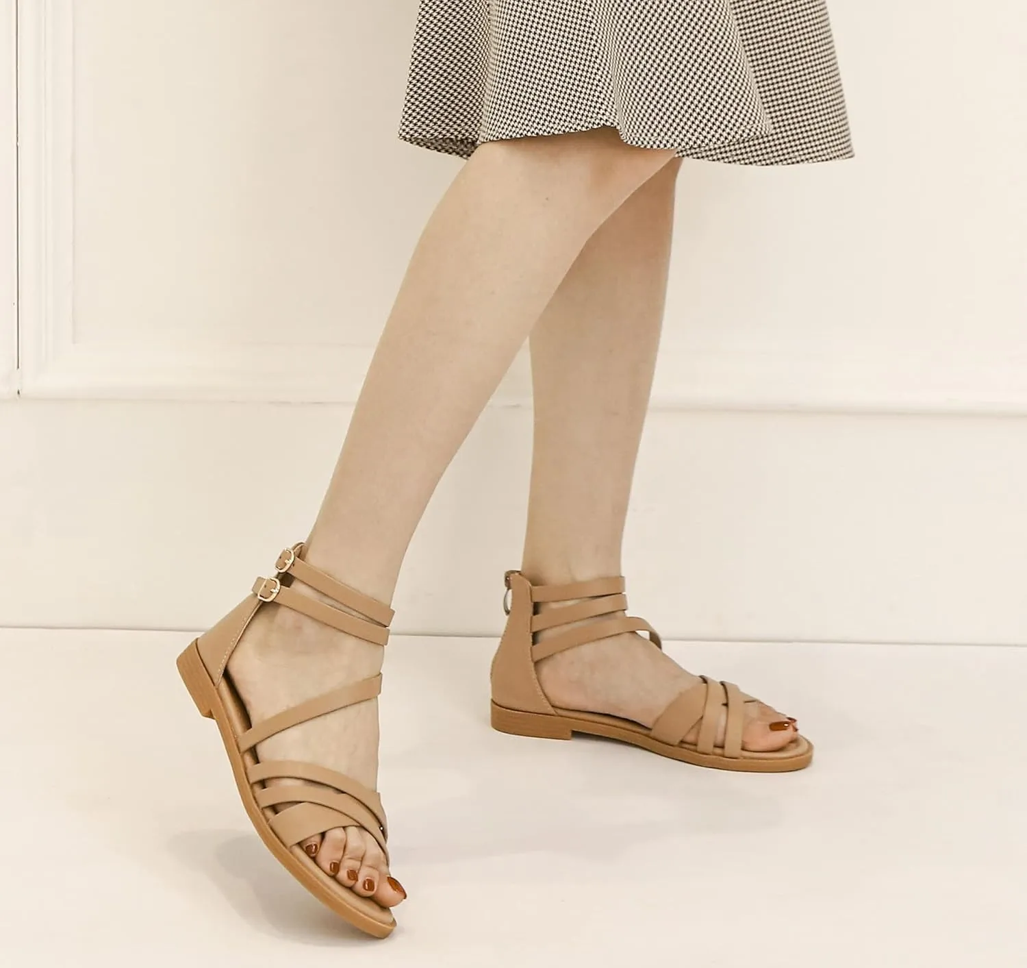 FRALOSHA Women Flat Sandals Dressy Summer Beach Casual low heel Sandal Ankle Strap Shoes with Zipper