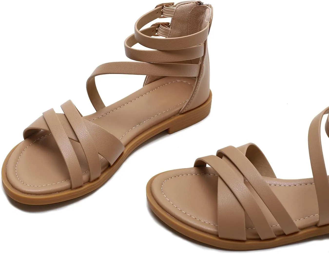FRALOSHA Women Flat Sandals Dressy Summer Beach Casual low heel Sandal Ankle Strap Shoes with Zipper