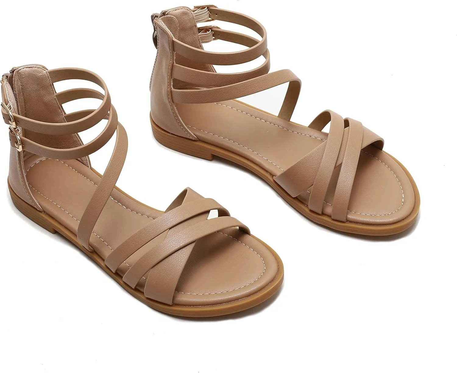 FRALOSHA Women Flat Sandals Dressy Summer Beach Casual low heel Sandal Ankle Strap Shoes with Zipper