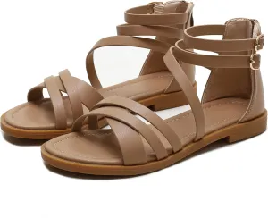 FRALOSHA Women Flat Sandals Dressy Summer Beach Casual low heel Sandal Ankle Strap Shoes with Zipper