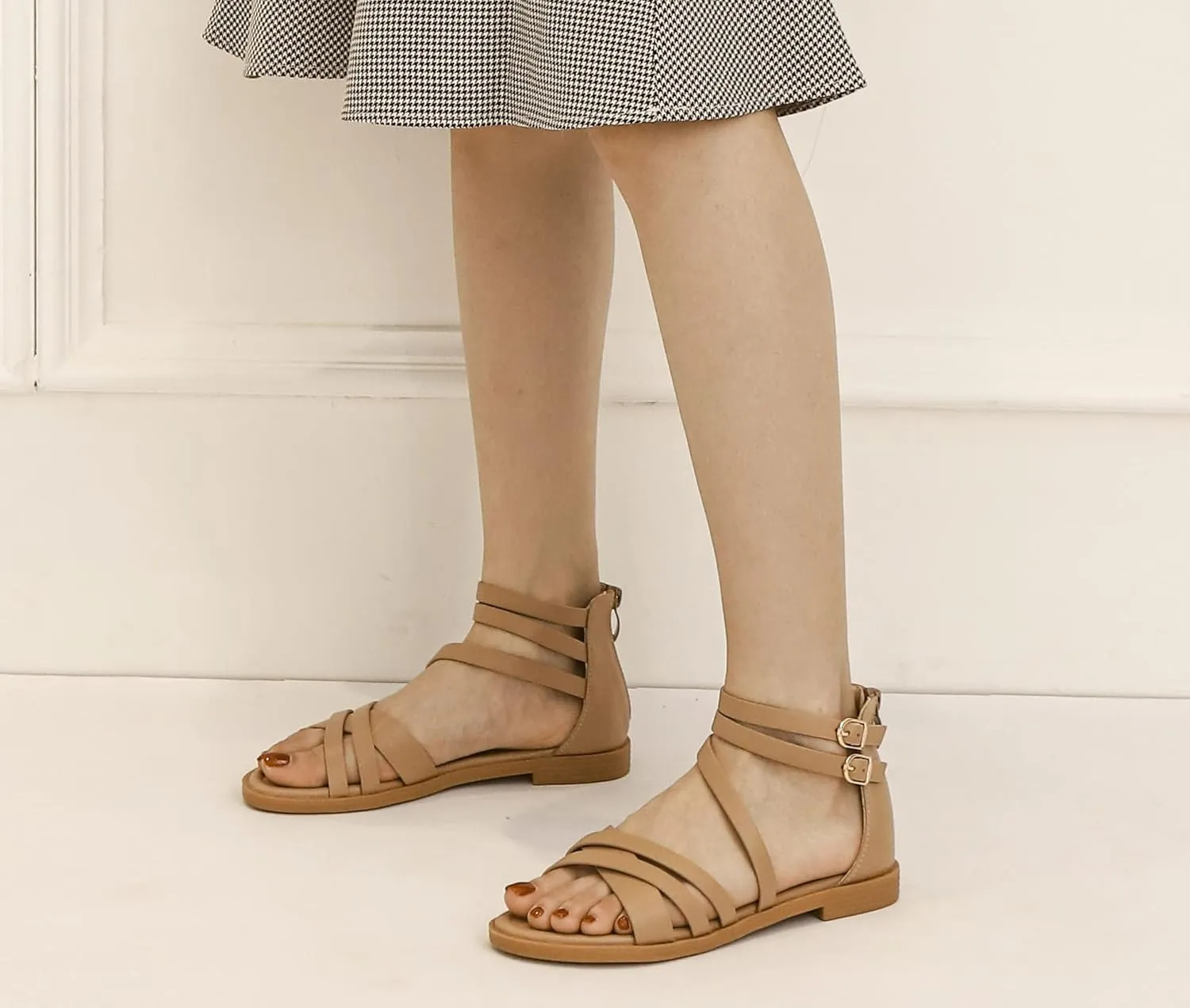 FRALOSHA Women Flat Sandals Dressy Summer Beach Casual low heel Sandal Ankle Strap Shoes with Zipper