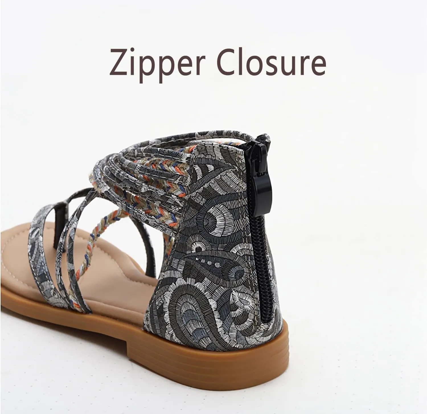FRALOSHA Womens Sandals Summer Flat Thong Cross Strappy Beach Gladiator Shoes with Zipper