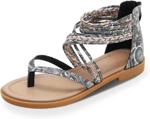FRALOSHA Womens Sandals Summer Flat Thong Cross Strappy Beach Gladiator Shoes with Zipper