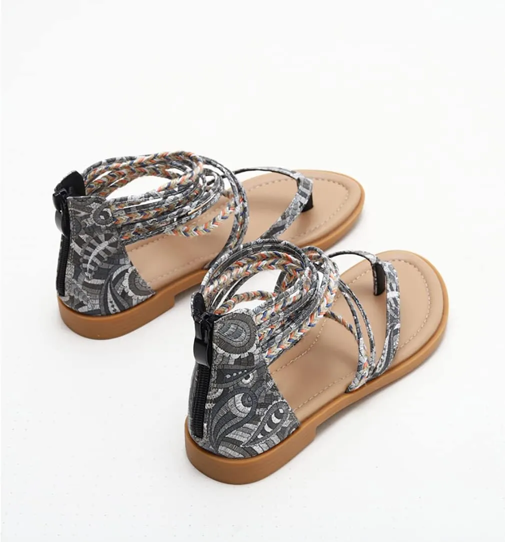 FRALOSHA Womens Sandals Summer Flat Thong Cross Strappy Beach Gladiator Shoes with Zipper