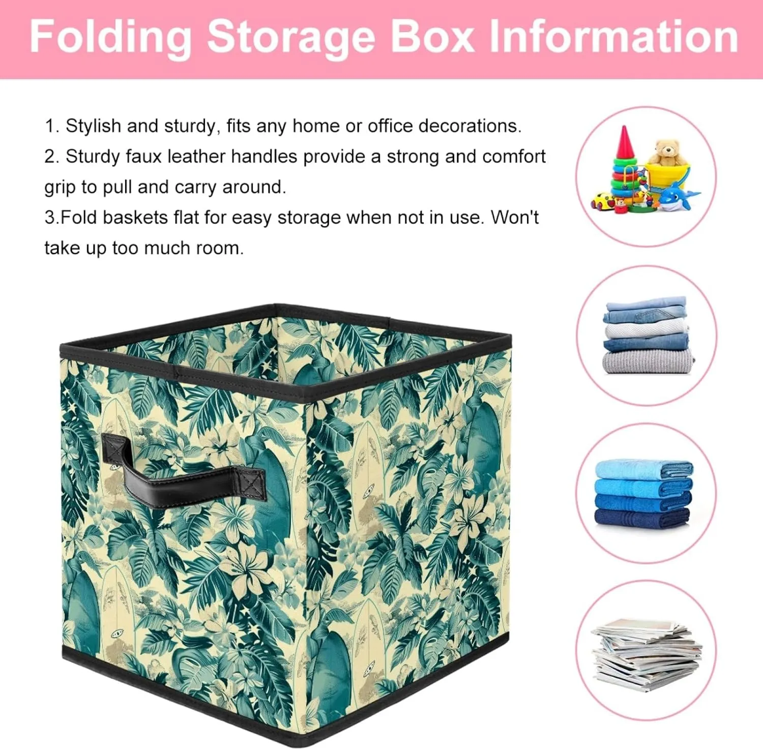 Freedom Beach Tropical Storage Bins, Extra Large Closet Storage Cube for Organizing Clothes,Oxford Fabric Storage Baskets with Double Handles, Foldable 11 Inch Storage Boxes for Shelve