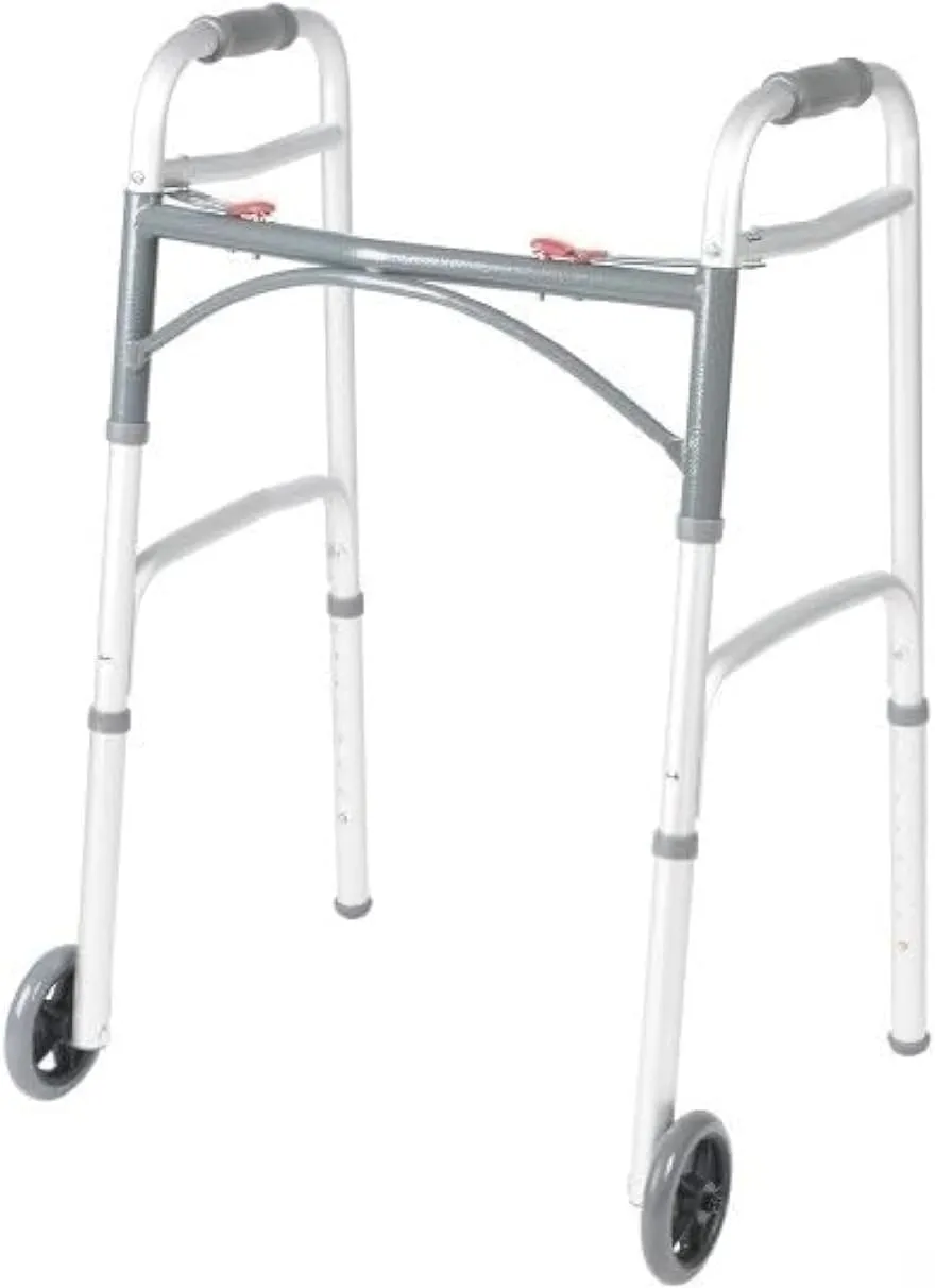 Front Wheeled Walker Folding Deluxe with 2 Button and 5" Wheels and 2 Free Pair Rear Glides, Adjustable Height (Short, Standard, Tall People) by Healthline Trading