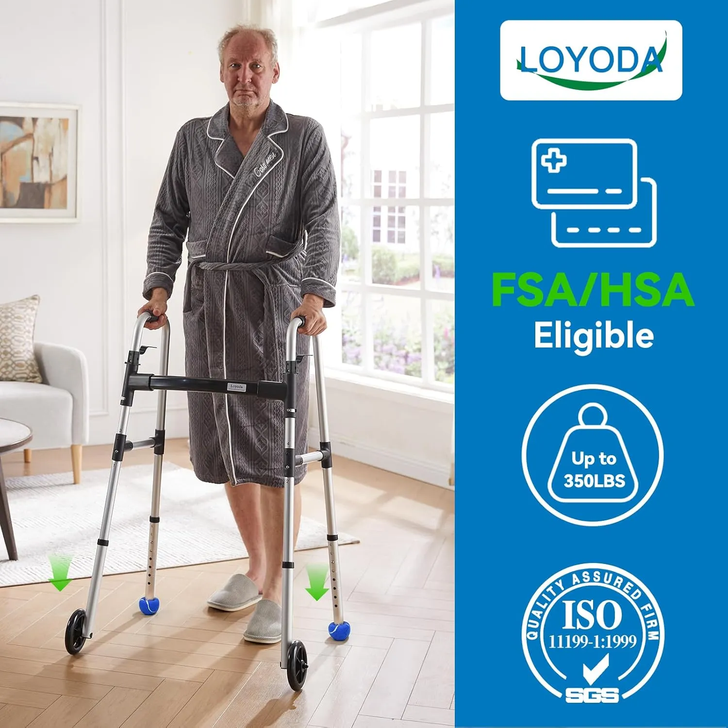 FSA/HSA Eligible Folding Walker with 2 Precut Tennis Balls, 5" Wheels Lightweight Walkers for Seniors and Adults, Supports Up to 350 Pounds, Adjustable Height, Compact Standard Walker