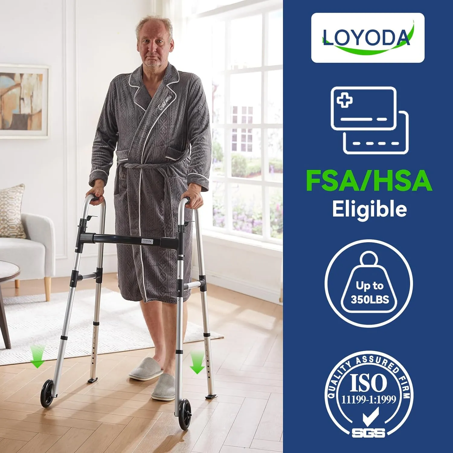 FSA/HSA Eligible Folding Walker with 2 Skis and 5" Wheels, Lightweight Walkers for Seniors and Adults, Supports up to 350 Pounds, Adjustable Height, Compact Standard Walker, Black