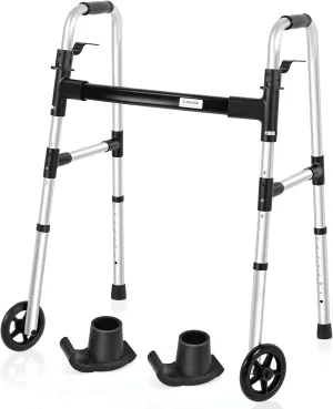 FSA/HSA Eligible Folding Walker with 2 Skis and 5" Wheels, Lightweight Walkers for Seniors and Adults, Supports up to 350 Pounds, Adjustable Height, Compact Standard Walker, Black