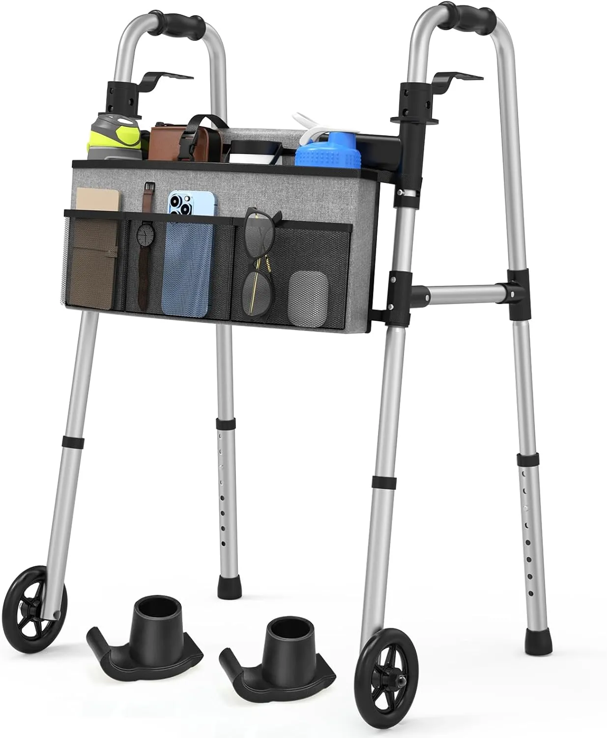 FSA/HSA Eligible Folding Walker with Large Basket and 2 Glide Skis, 5" Wheels Lightweight Walkers for Seniors and Adults, Supports Up to 350 Pounds, Adjustable Height, Compact Standard Walker