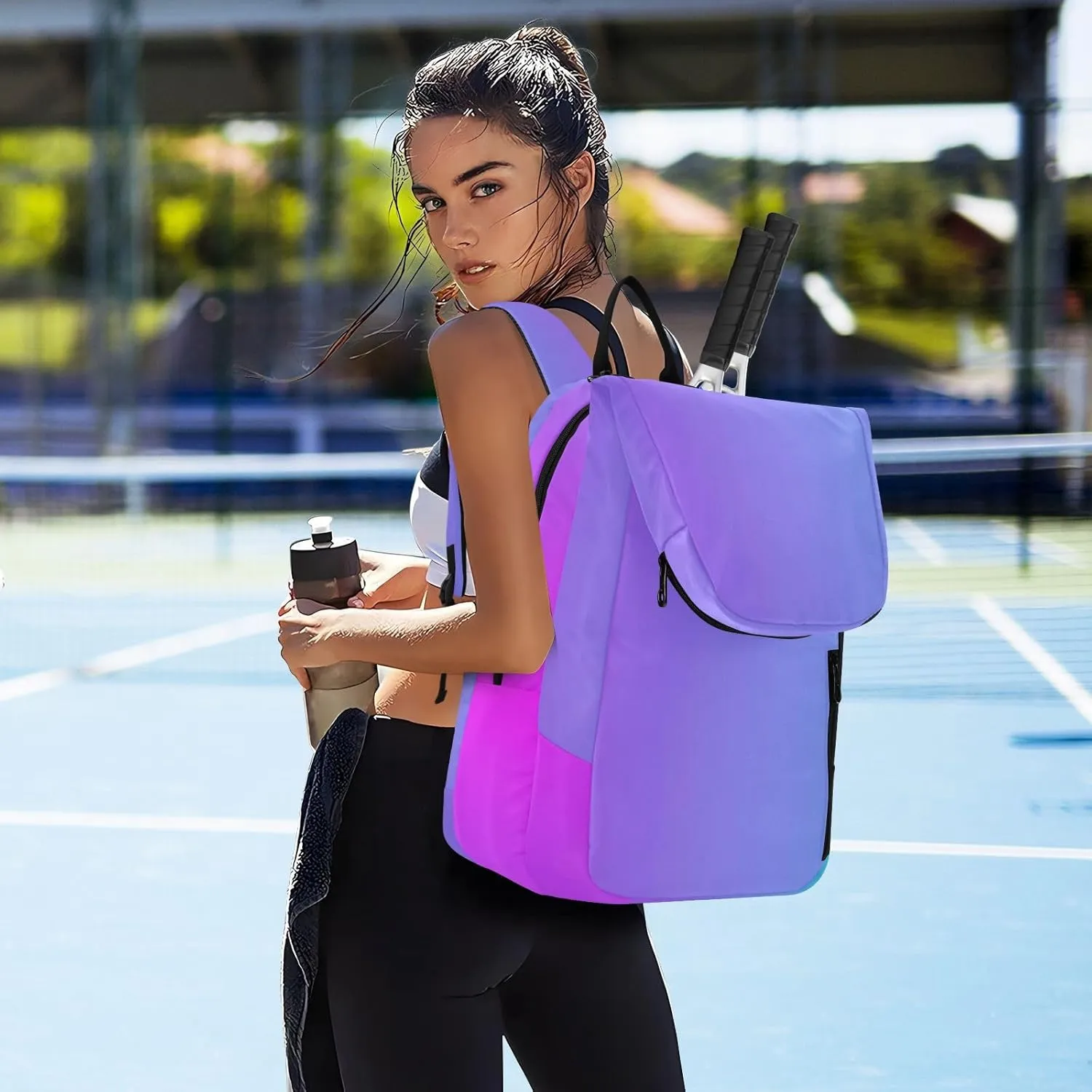 GAIGEO Blue Pink Gradient Pickleball Backpack, Multiple Storage Compartments Pickleball Bags, Foldable Racket Pocket