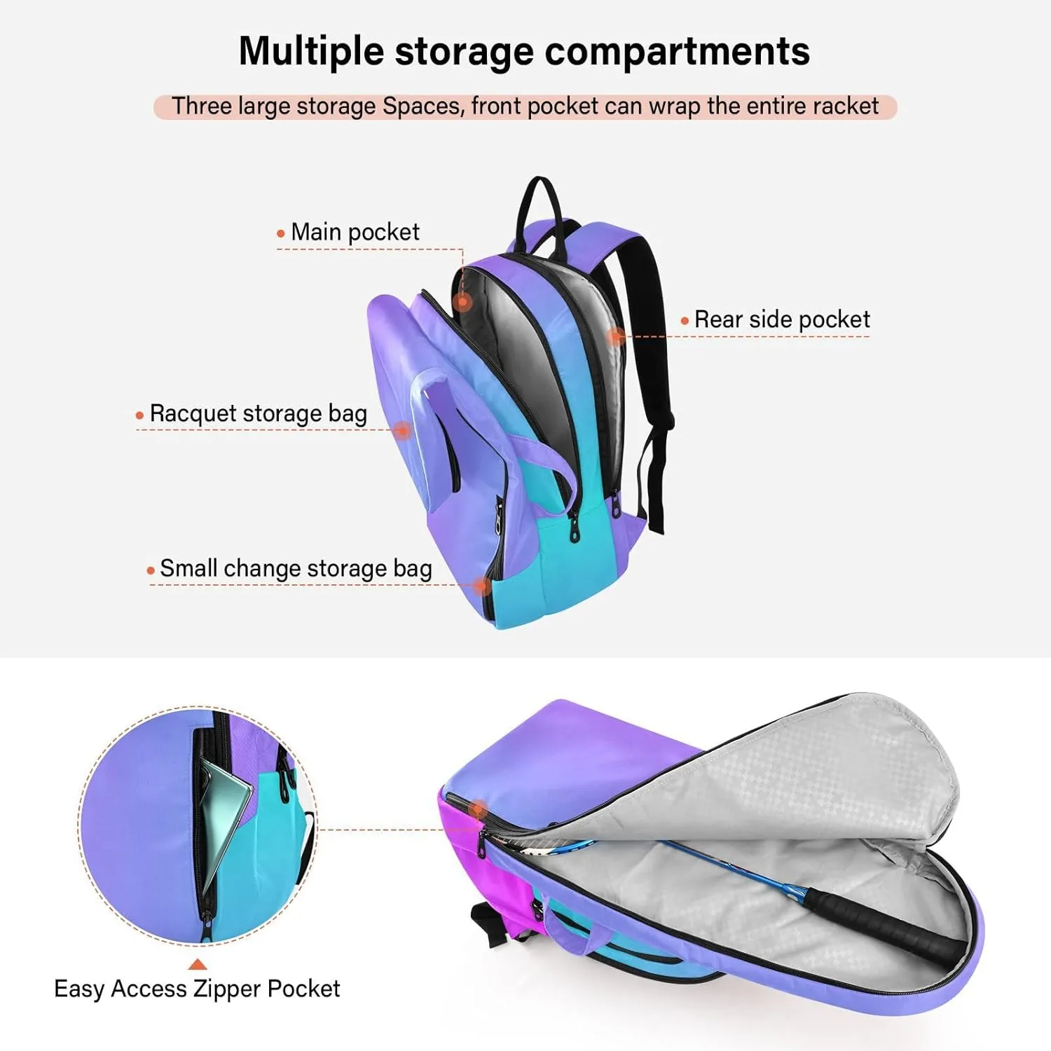 GAIGEO Blue Pink Gradient Pickleball Backpack, Multiple Storage Compartments Pickleball Bags, Foldable Racket Pocket