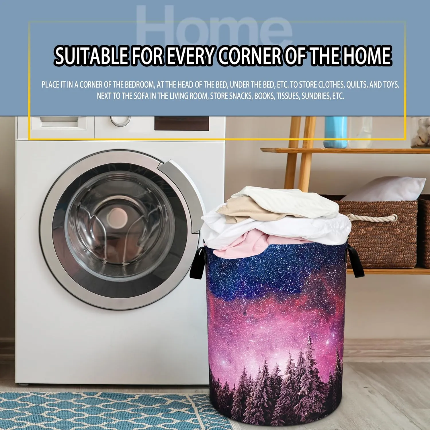 Galaxy Forest Laundry Basket Starry Sky Foldable Oxford Cloth Funny Tote Bag Laundry Hamper Clothes Storage Bucket Toy Organizer For Bathroom/Laundry Storage/Bedroom 18.9x16.5 Inch