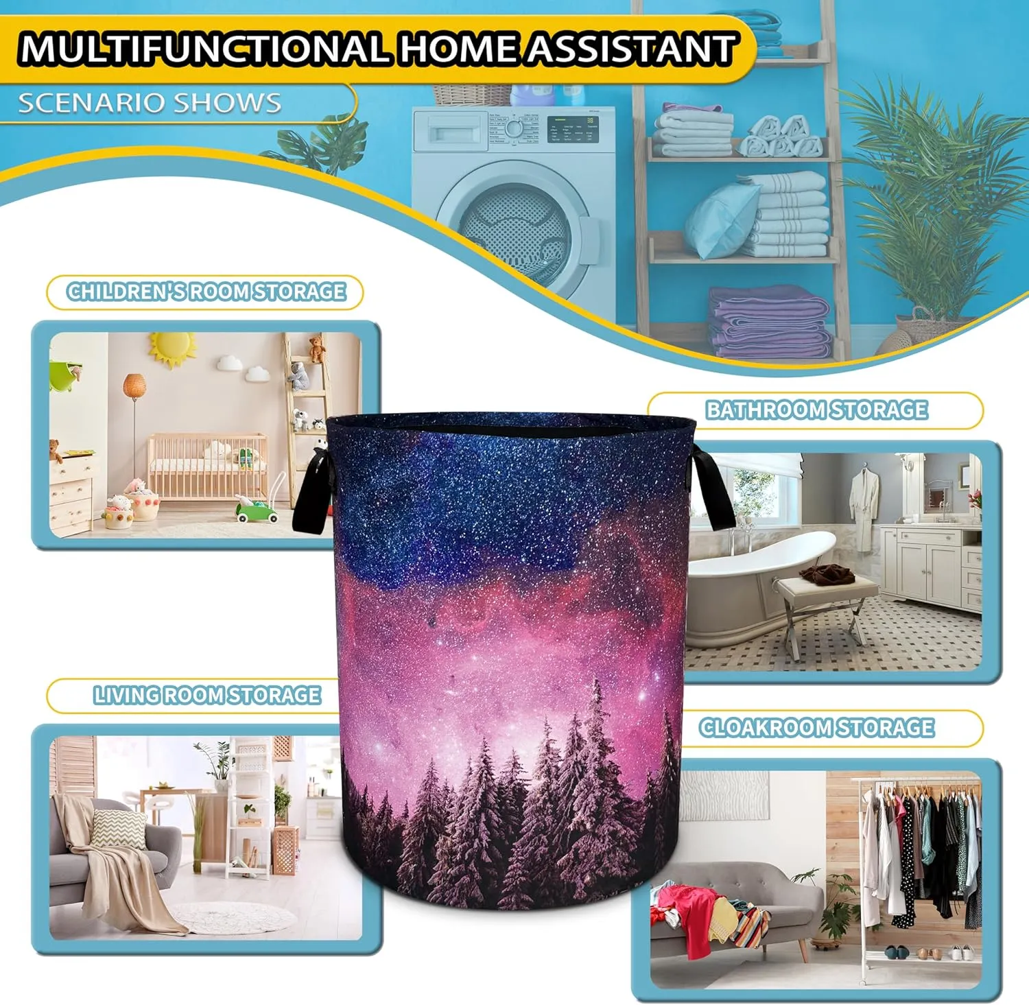 Galaxy Forest Laundry Basket Starry Sky Foldable Oxford Cloth Funny Tote Bag Laundry Hamper Clothes Storage Bucket Toy Organizer For Bathroom/Laundry Storage/Bedroom 18.9x16.5 Inch