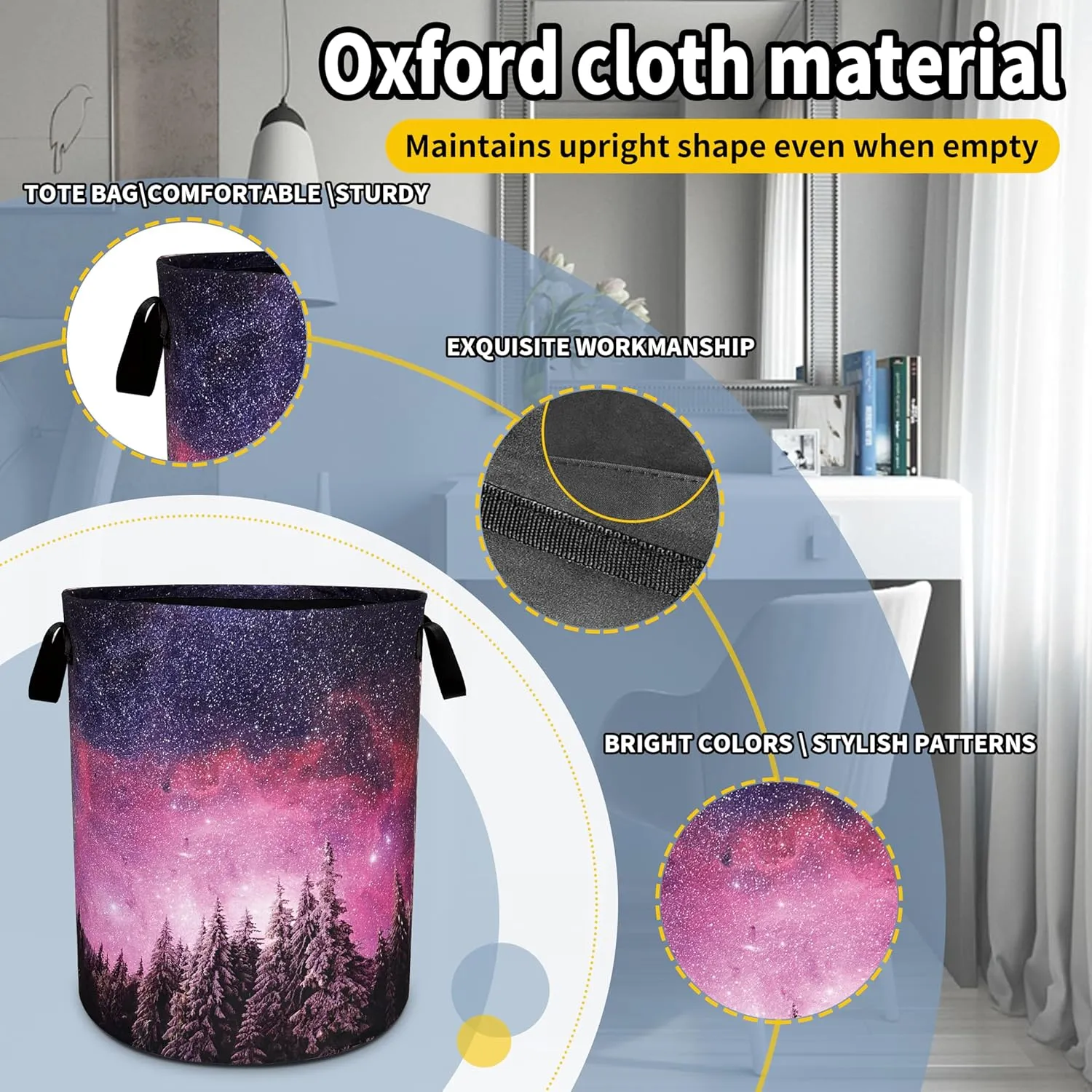 Galaxy Forest Laundry Basket Starry Sky Foldable Oxford Cloth Funny Tote Bag Laundry Hamper Clothes Storage Bucket Toy Organizer For Bathroom/Laundry Storage/Bedroom 18.9x16.5 Inch