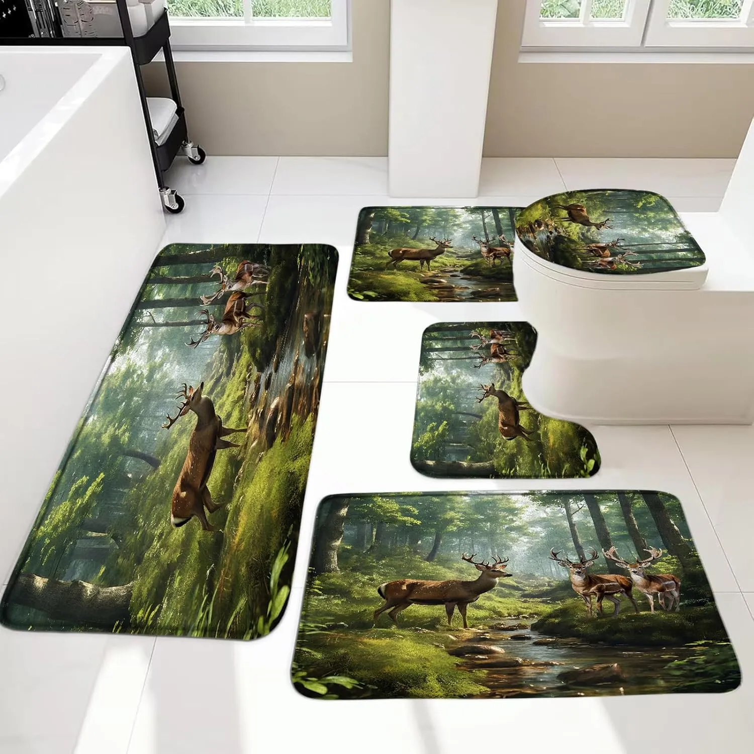 GCTNBJL 5 Pieces Bathroom Rug Sets,Forest Animal Deer Moose Tree Jungle Cabin Wildlife Rustic Nature Scenery Green 16"x24"and 18"x30" and 16"x48" Bath Mats,Toilet Cover,U-Shaped Toilet Mat