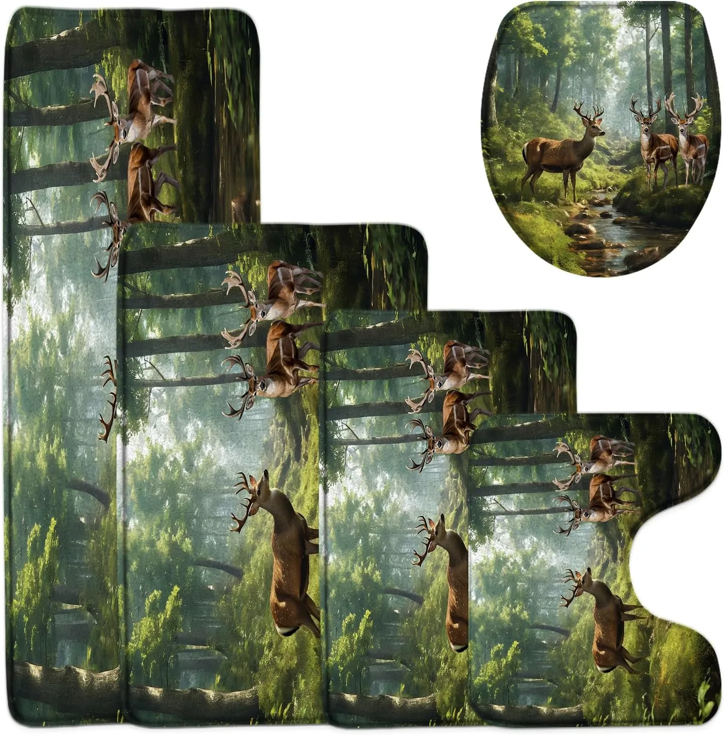 GCTNBJL 5 Pieces Bathroom Rug Sets,Forest Animal Deer Moose Tree Jungle Cabin Wildlife Rustic Nature Scenery Green 16"x24"and 18"x30" and 16"x48" Bath Mats,Toilet Cover,U-Shaped Toilet Mat