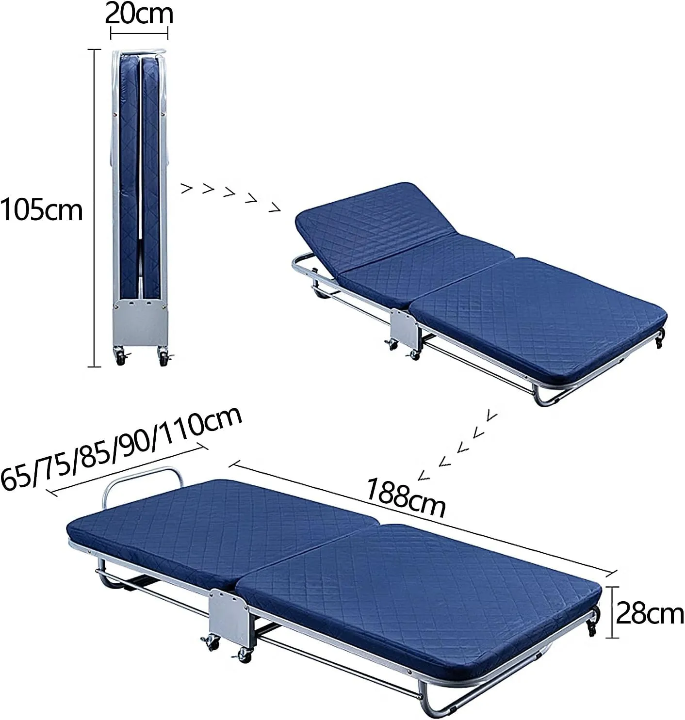 Generic Portable Folding Bed with Mattress 5 Adjustable Backrests Folding Camping Cot for Adults with High Rebound Cotton Filling Perfect for Camping(Blue A,188 * 110 * 28cm)