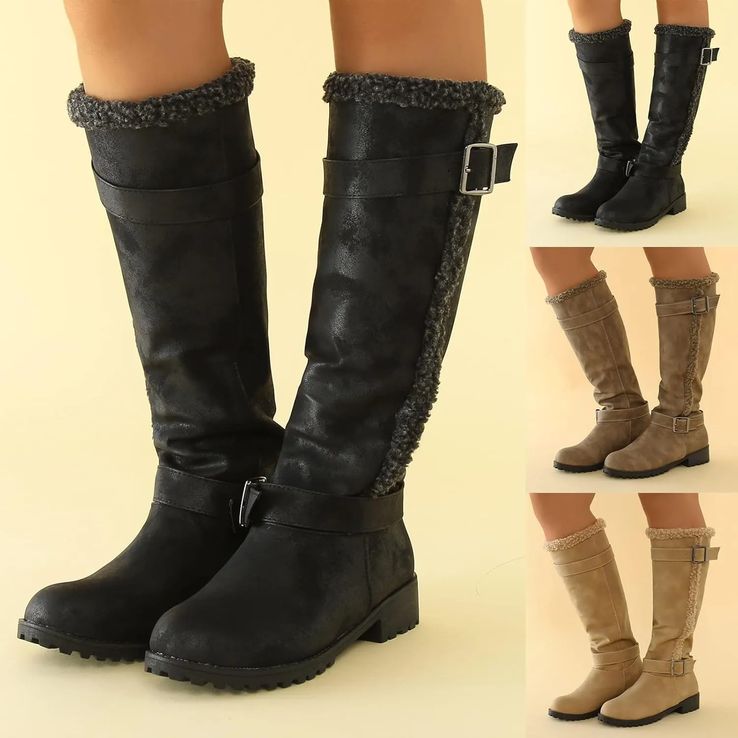 Gibobby Winter Boots for Women,Women's Knee Length Boots Retro Combat Knight Boots Closed Toe Motorcycle Low Heel Outdoor Waterproof Western Shoes
