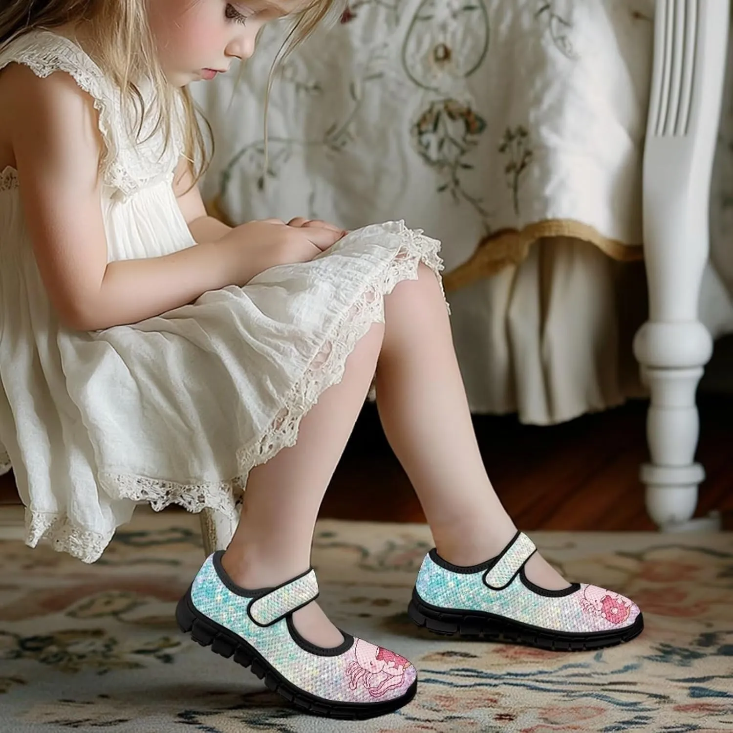 Girls Axolotl Mary Jane Dress Shoes Glitter Ballerina Princess Flat for Wedding, Party, Birthday US 11-2.5