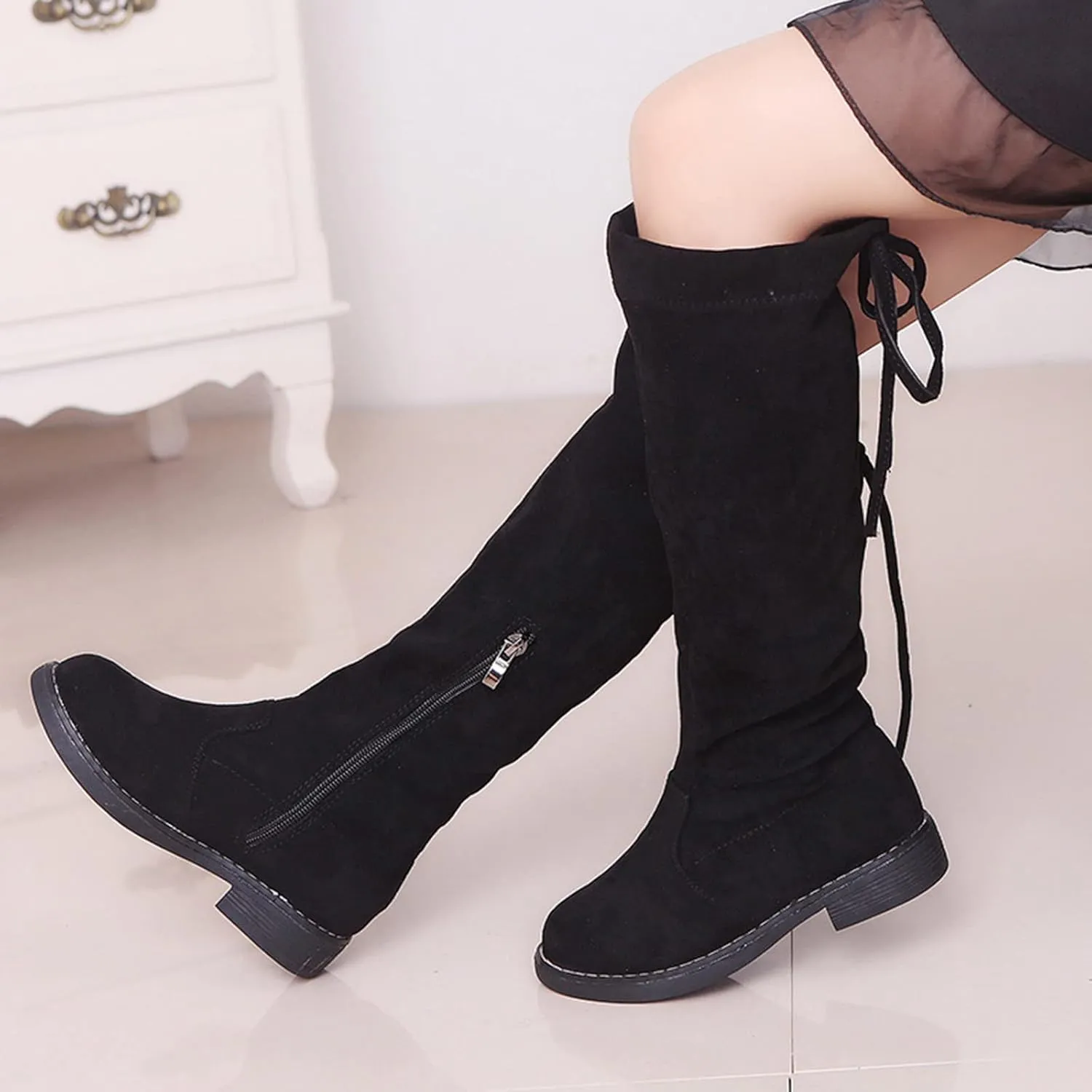 Girls Thigh High Over The Knee Boots Flat Low Heel Fall Winter Stretch Suede Long Round Toe Boots With Lace-Up Zipper