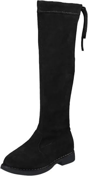 Girls Thigh High Over The Knee Boots Flat Low Heel Fall Winter Stretch Suede Long Round Toe Boots With Lace-Up Zipper