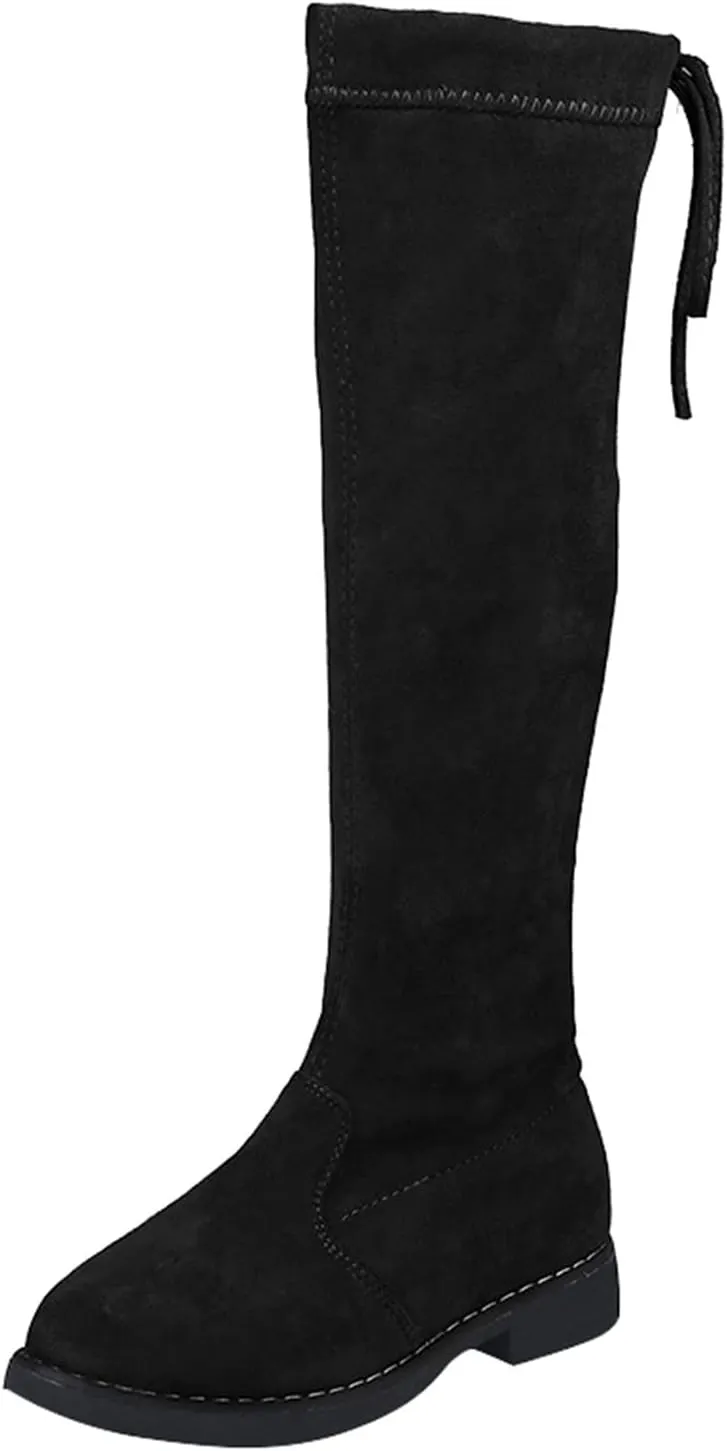 Girls Thigh High Over The Knee Boots Flat Low Heel Fall Winter Stretch Suede Long Round Toe Boots With Lace-Up Zipper