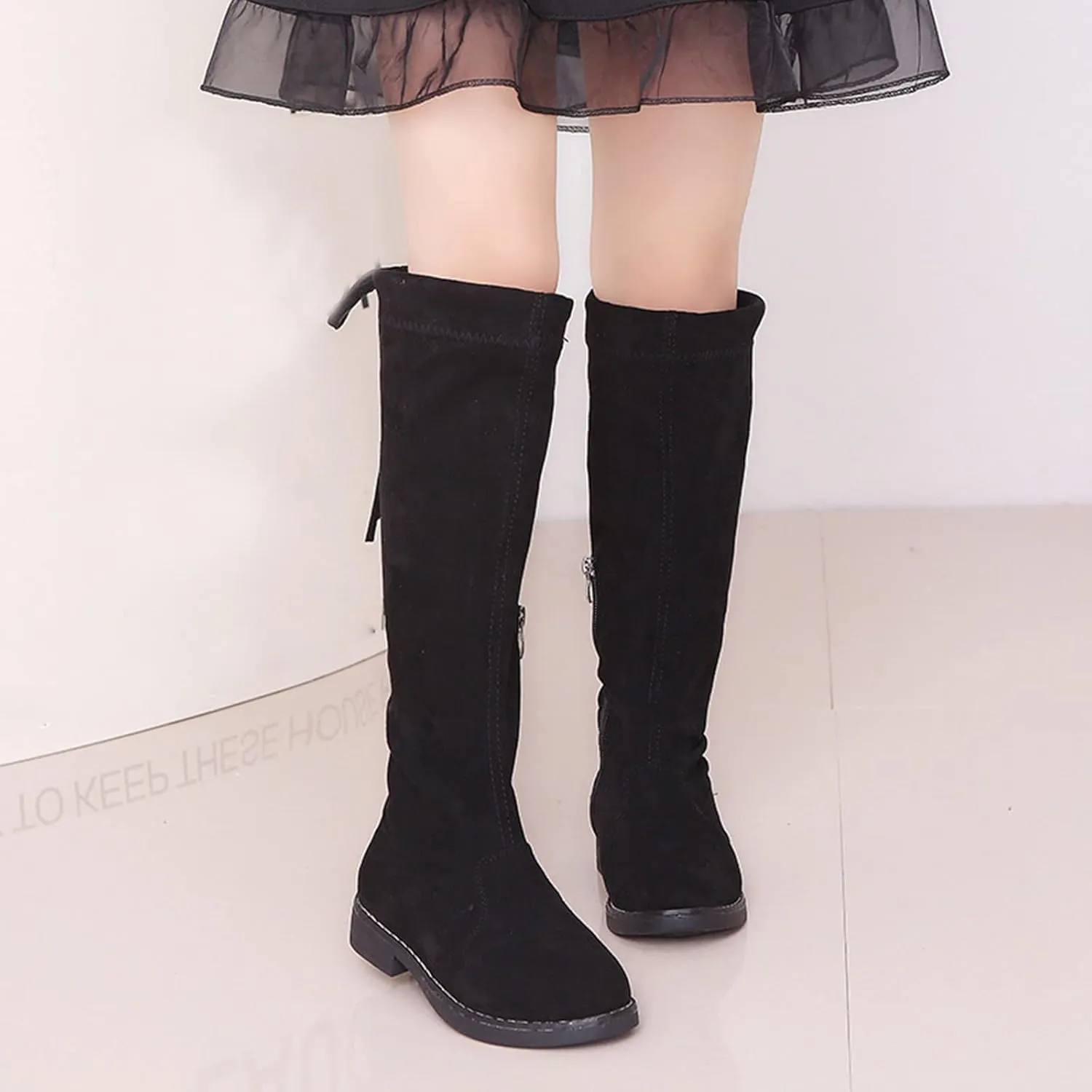 Girls Thigh High Over The Knee Boots Flat Low Heel Fall Winter Stretch Suede Long Round Toe Boots With Lace-Up Zipper