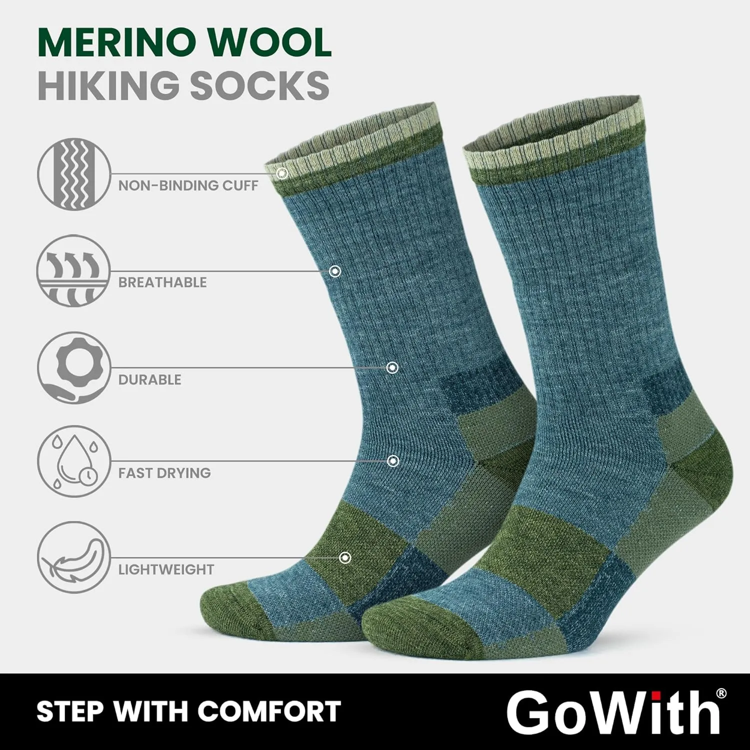 GoWith Merino Wool Full Cushion Hiking Socks for Men & Women, Thermal Warm Seamless Crew Boot Socks for Hikers, Mountaineers
