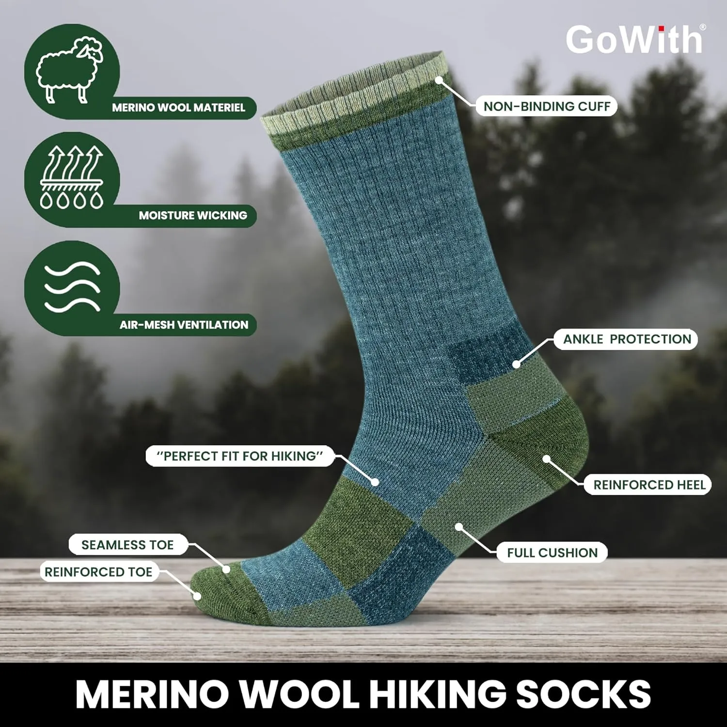 GoWith Merino Wool Full Cushion Hiking Socks for Men & Women, Thermal Warm Seamless Crew Boot Socks for Hikers, Mountaineers