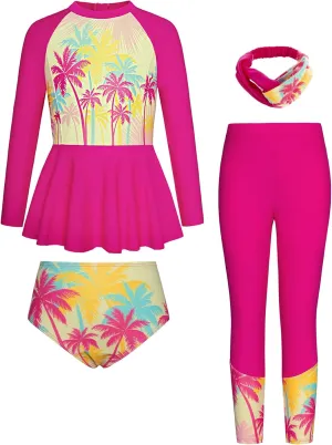 GRACE KARIN Girls Long Sleeve Swimsuit Mermaid Bathing Suit Rash Guard Swimwear 4 Piece Size 5-12