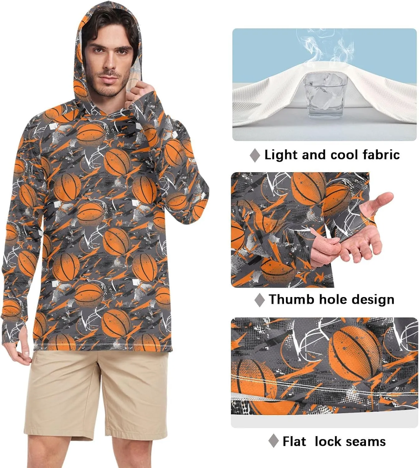 Grunge Style Basketball Men's Sun Shirt Hoodie Long Sleeve UPF 50   Sun Shirt with Hood Beach Hoodie UV Rash Guard Hooded