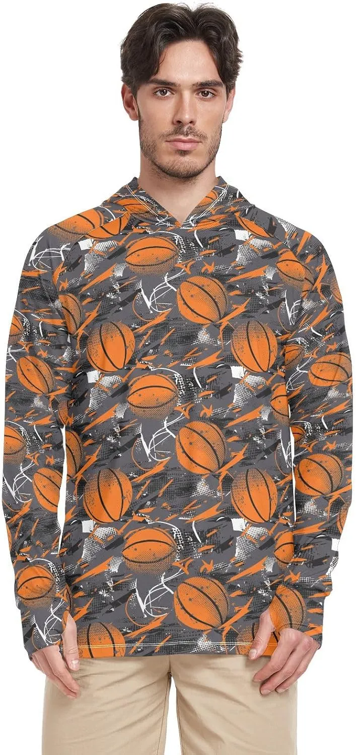 Grunge Style Basketball Men's Sun Shirt Hoodie Long Sleeve UPF 50   Sun Shirt with Hood Beach Hoodie UV Rash Guard Hooded