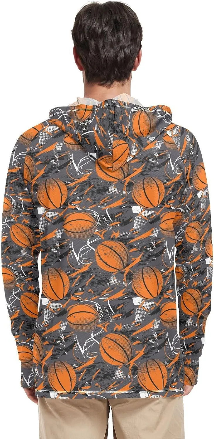 Grunge Style Basketball Men's Sun Shirt Hoodie Long Sleeve UPF 50   Sun Shirt with Hood Beach Hoodie UV Rash Guard Hooded
