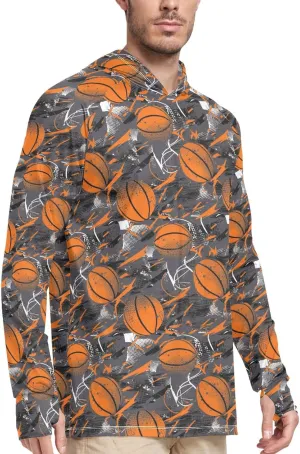 Grunge Style Basketball Men's Sun Shirt Hoodie Long Sleeve UPF 50   Sun Shirt with Hood Beach Hoodie UV Rash Guard Hooded