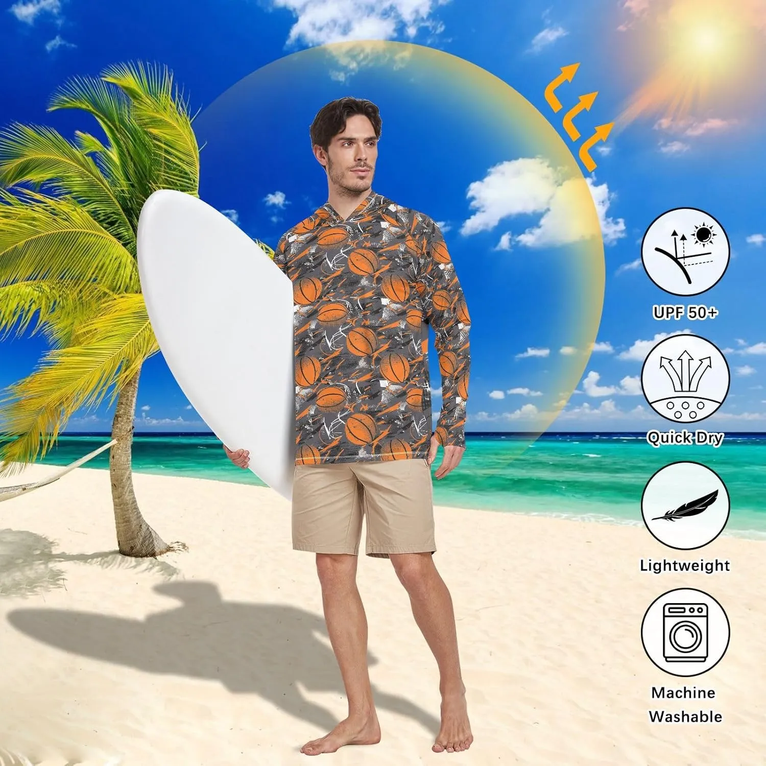 Grunge Style Basketball Men's Sun Shirt Hoodie Long Sleeve UPF 50   Sun Shirt with Hood Beach Hoodie UV Rash Guard Hooded