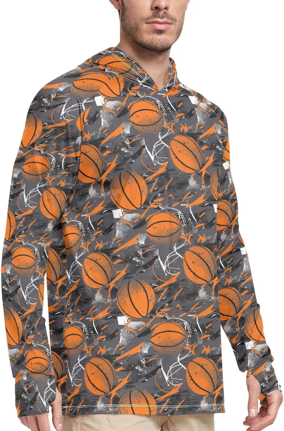 Grunge Style Basketball Men's Sun Shirt Hoodie Long Sleeve UPF 50   Sun Shirt with Hood Beach Hoodie UV Rash Guard Hooded