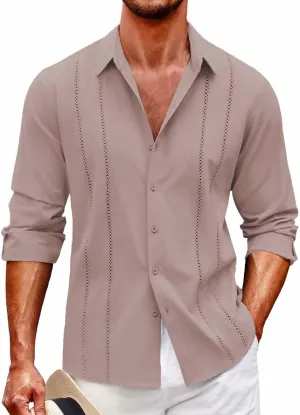 Guayabera Shirts for Men Long Sleeve Button Down Casual Beach Cuban Summer T-Shirts Big and Tall Striped Havaiian Shirt