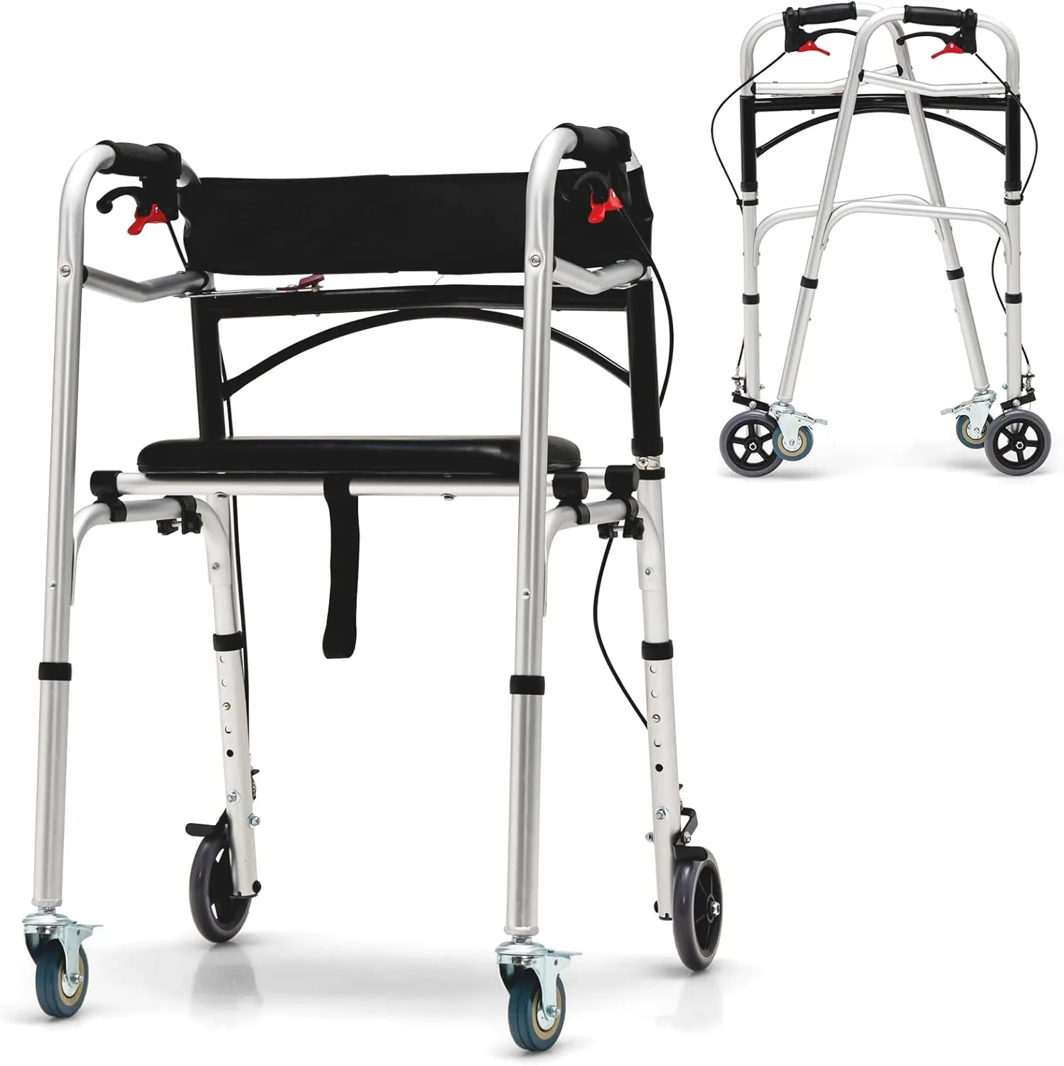 GYMAX Walkers for Seniors, 2-Button Folding Walker with 5 Inches Lockable Wheels, Padded Seat & Trigger Release, 350lbs Height Adjustable Standard Walker, Foldable Rolling Adult Walker