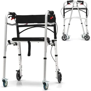 GYMAX Walkers for Seniors, 2-Button Folding Walker with 5 Inches Lockable Wheels, Padded Seat & Trigger Release, 350lbs Height Adjustable Standard Walker, Foldable Rolling Adult Walker