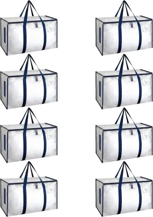 HealSmart 8 Pack Large Moving Bags with Zippers & Handles, Moving Supplies with lids, Heavy Duty Totes for Space Saving, Fold Flat, Moving and Storing, Clear