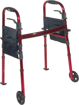 HEALTHLINE 2 Wheel Walker for Seniors & Adults - Deluxe Lightweight Foldable Walker with Wheels 5" and Legs Fold Up Plus Extra Pouches (Red)