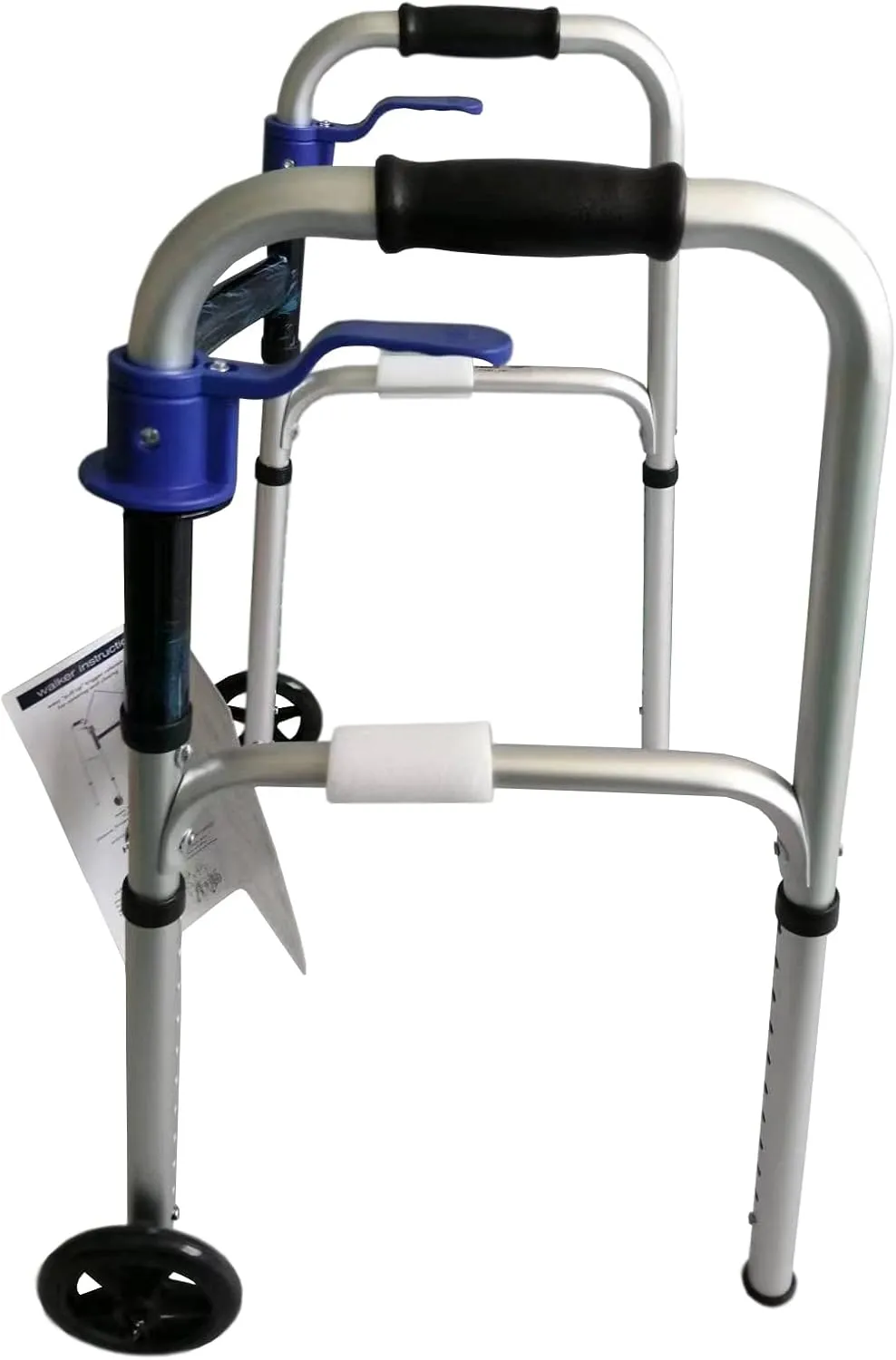 HEALTHLINE 2 Wheel Walker for Seniors & Adults - Deluxe Lightweight Foldable Walker with Wheels 5" up to 350 lbs and Free 2 Pair of Rear Glides & Triggers (Blue)