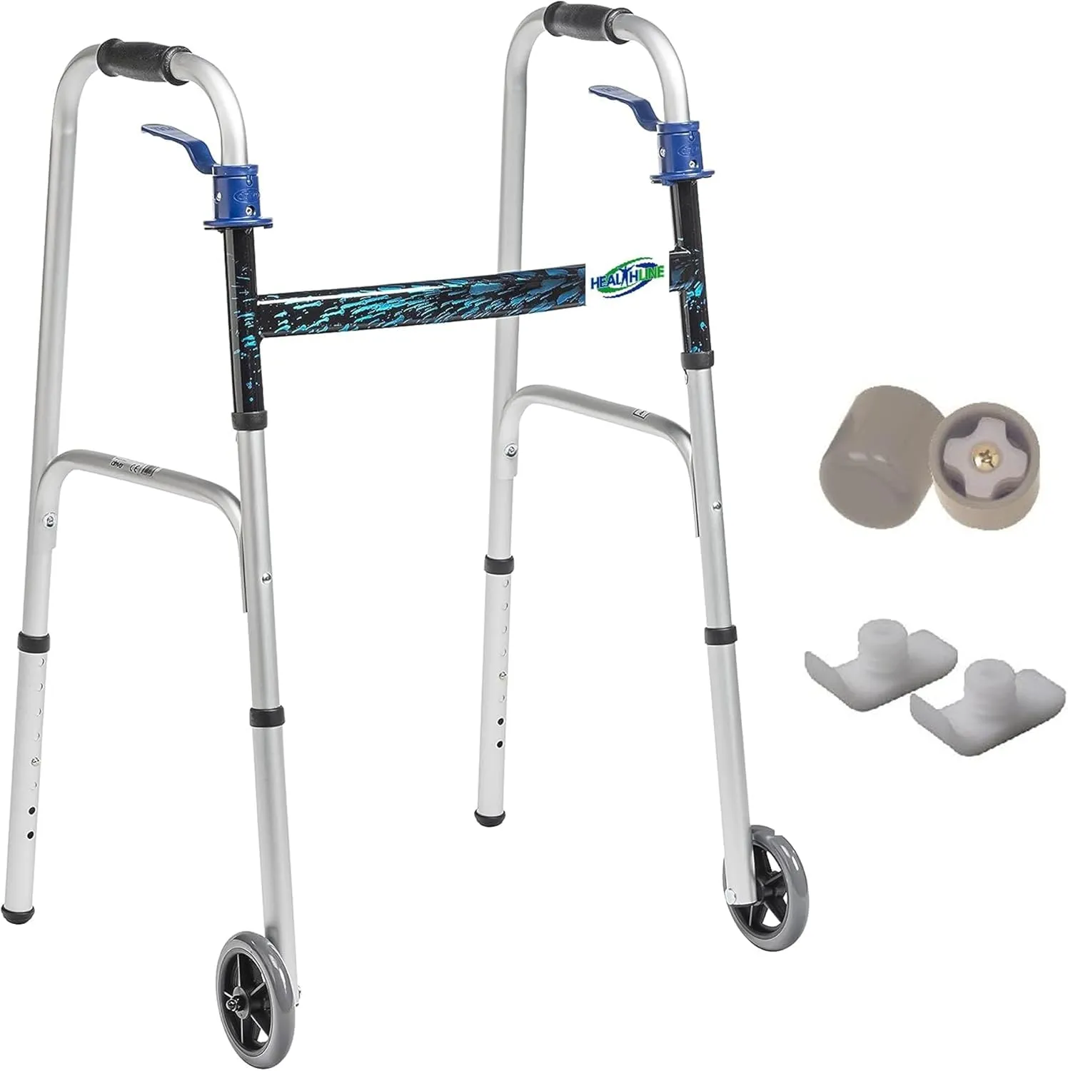HEALTHLINE 2 Wheel Walker for Seniors & Adults - Deluxe Lightweight Foldable Walker with Wheels 5" up to 350 lbs and Free 2 Pair of Rear Glides & Triggers (Blue)