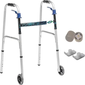 HEALTHLINE 2 Wheel Walker for Seniors & Adults - Deluxe Lightweight Foldable Walker with Wheels 5" up to 350 lbs and Free 2 Pair of Rear Glides & Triggers (Blue)