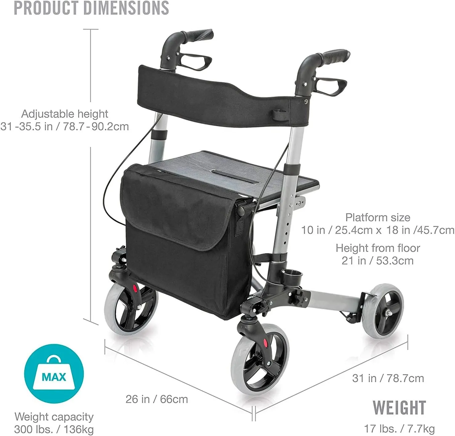 HealthSmart Walker Rollator with Seat and Backrest, Adjustable Handle Height, FSA HSA Eligible, Removable Storage Bag and a Durable Lightweight Frame That Folds While Supporting up to 300 pounds
