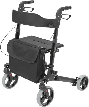 HealthSmart Walker Rollator With Seat And Backrest, Adjustable Handle Height, FSA HSA Eligible, Storage Bag And A Durable Lightweight Frame That Easily Folds While Supporting Up To 300 pounds, Black